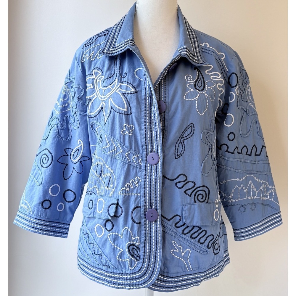 Norm Thompson Embroidered Artsy Jacket PM Blue Multi Appliquéd 3/4 Sleeves